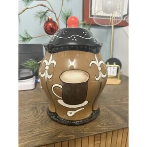 ACK Tuscany Fleur De Lis Coffee Design Collection Ceramic Cookie Jar with Lid,